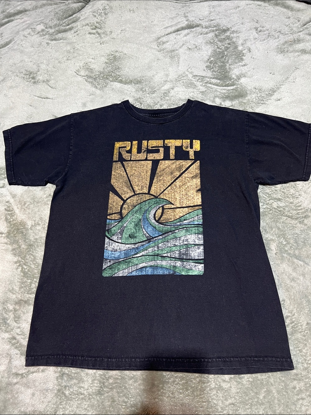Rusty Black Graphic Wave Tee with Gold Sun